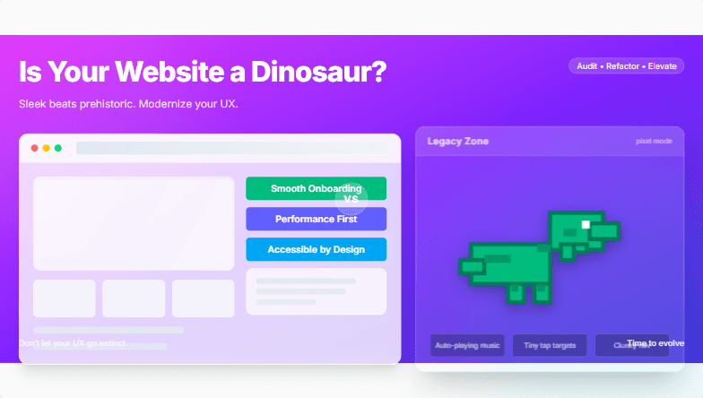 A slide contrasting a sleek, modern website design with a pixelated dinosaur graphic, symbolizing the need for website modernization.