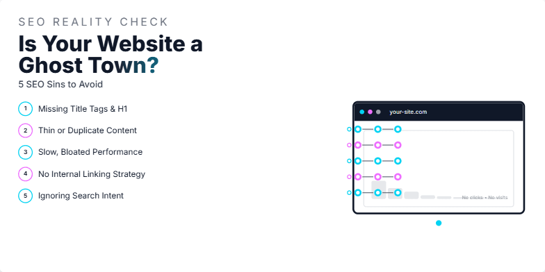 A dark-themed slide titled 'Is Your Website a Ghost Town? 5 SEO Sins to Avoid.' Five common SEO issues, like missing title tags and slow performance, are visualized as ghostly chains dragging down a website icon. Neon accents and glitch animations highlight the problems.