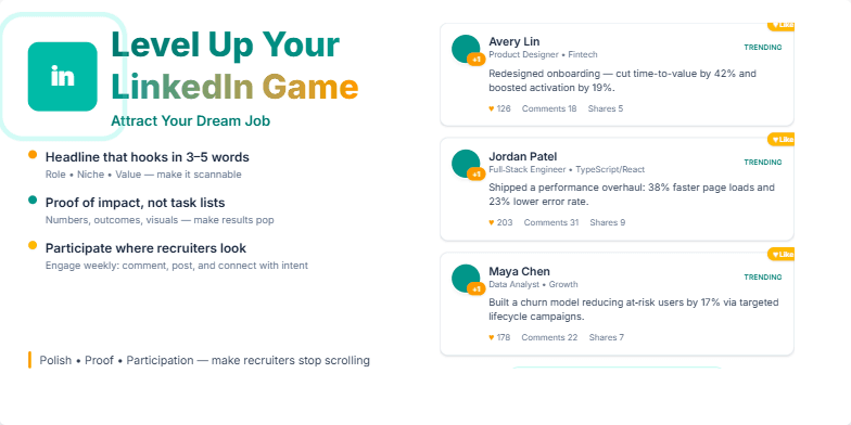 A slide showcasing tips for optimizing a LinkedIn profile. A mock LinkedIn feed with sample posts highlights effective strategies. The title 'Level Up Your LinkedIn Game: Attract Your Dream Job' emphasizes the presentation's focus. Teal and gold accents create a visually appealing design.