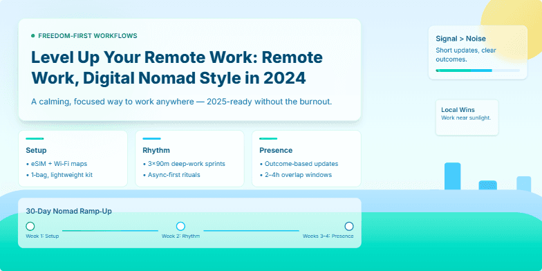 A slide showcasing the digital nomad lifestyle with a calming blue-green gradient background, parallax scrolling effect, and minimalist design elements. The title 'Level Up Your Remote Work: Digital Nomad Style in 2024' is prominently displayed, accompanied by text blocks and visual elements highlighting key aspects of remote work, productivity, and freedom.