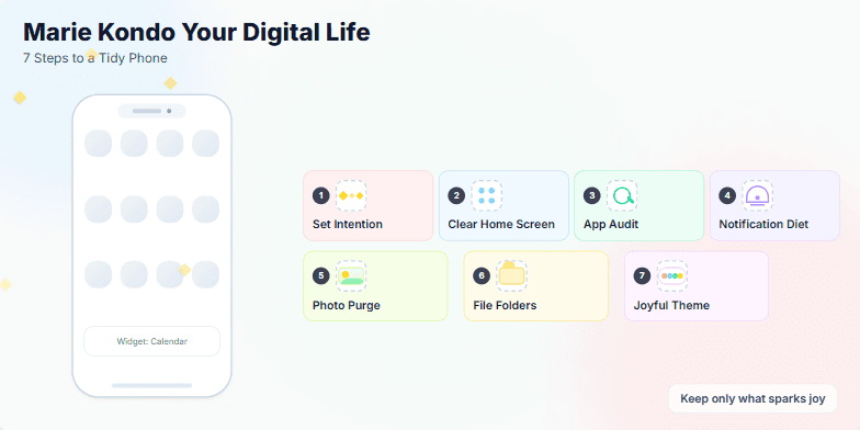 A slide titled 'Marie Kondo Your Digital Life: 7 Steps to a Tidy Phone.' A stylized phone mockup is displayed alongside seven steps, each represented by a pastel-colored card with a hand-drawn icon. The design is minimalist and calming, with subtle animations.