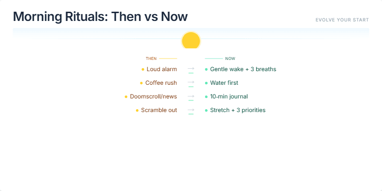A slide titled 'Morning Rituals: Then vs Now' with a minimalist design. It contrasts sepia-toned 'then' activities like 'Loud alarm' and 'Coffee rush' with vibrant 'now' activities like 'Gentle wake + 3 breaths' and 'Water first'. A subtle sunrise animation adds warmth, and a right-pointing arrow signifies the positive shift towards mindfulness and productivity.