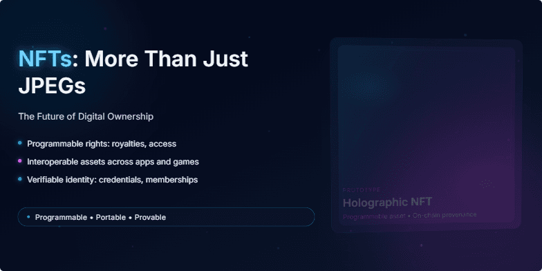 A dark slide with neon accents. The title 'NFTs: More Than Just JPEGs - The Future of Digital Ownership' glows in electric blue. Animated particles drift across the background. A holographic 3D model of an NFT rotates slowly.