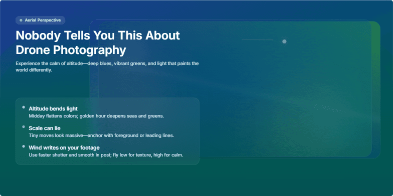 A slide with a dark, gradient background of blues and greens, featuring a simulated parallax effect created by layered, blurred shapes and animated light leaks. Text elements highlight key insights about drone photography, focusing on the impact of altitude, scale, and wind on aerial footage.