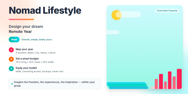 A slide promoting the nomad lifestyle with a title 'Nomad Lifestyle: Design Your Dream Remote Year Now!', warm colors, and imagery suggesting travel and freedom.