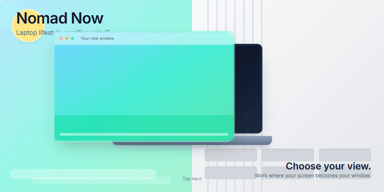 Split-screen image contrasting a vibrant tropical beach scene with a dull gray office environment. A laptop screen morphs into a window overlooking the beach, symbolizing the freedom of the digital nomad lifestyle. Text reads 'Nomad Now: Laptop lifestyle or office grind?' followed by 'Choose your view.'