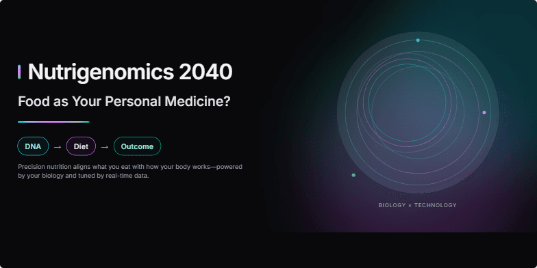 A futuristic slide with a dark background and neon accents. Animated nebulae represent personalized nutrient profiles. The title 'Nutrigenomics 2040: Food as Your Personal Medicine?' highlights the concept of DNA-tailored diets.