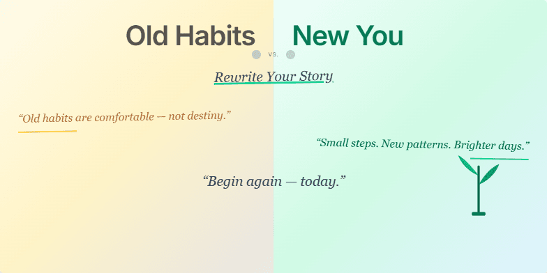 A split-screen slide with 'Old Habits' in faded sepia tones on the left and 'New You' in vibrant colors on the right. A growing plant symbolizes transformation, and inspiring quotes encourage personal growth.