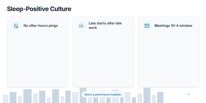 A slide illustrating the impact of light on sleep. The left panel shows a dark room with a glowing phone, representing nighttime blue light exposure. The right panel depicts a person waking up to natural morning light. Three micro-actions suggest getting morning sun, using night mode, and charging the phone outside the bedroom.