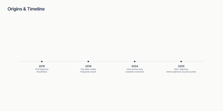 A timeline showcasing key milestones of a figurine brand, starting from its inception in 2015 with the first figurines to its expansion and success in 2025, including viral moments and plans for an anime.