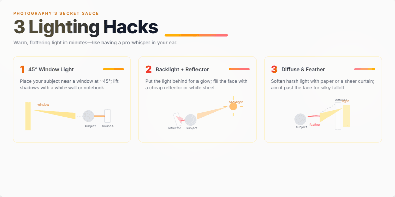 A slide titled 'Photography's Secret Sauce: 3 Lighting Hacks' showcasing three illustrated lighting techniques: 45° Window Light, Backlight + Reflector, and Diffuse & Feather, with warm color gradients and subtle light flares.