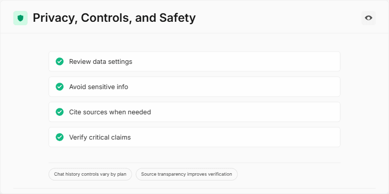 Slide on privacy, controls, and safety showcasing a checklist with icons, badges, and a title emphasizing responsible data handling.