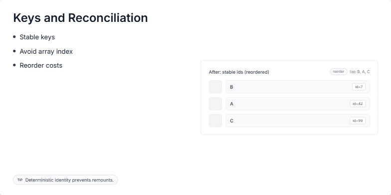 Slide illustrating the benefits of using stable keys in React lists. It shows a before and after comparison of a list rendered with array indices versus stable IDs, highlighting how stable keys prevent unnecessary re-renders when the list is reordered.