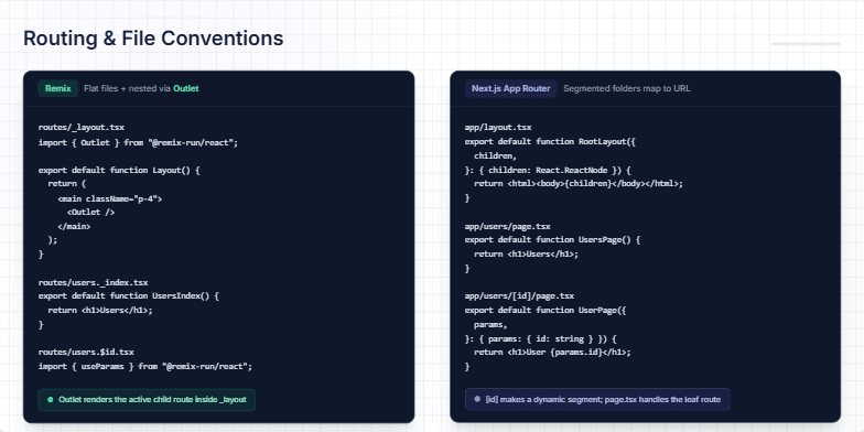 A comparison slide titled 'Routing & File Conventions', showing code examples for Remix on the left and Next.js App Router on the right. Each side details file structure for layouts, index pages, and dynamic routes.