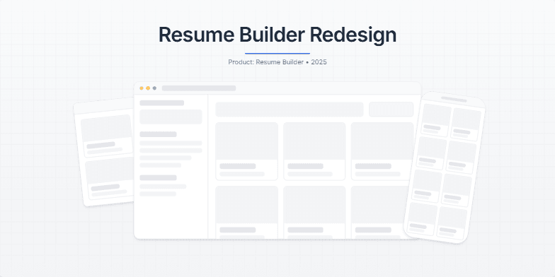 Slide showcasing the minimalist redesign of a resume builder application, featuring mockups on desktop, laptop, and phone, with a calm and premium aesthetic.