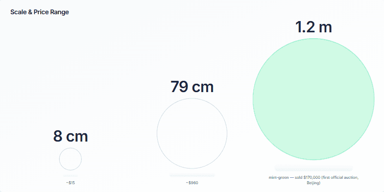 Three circles of increasing sizes represent the scale and price of artworks. The smallest circle is labeled '8 cm' and ~$15. The middle circle is '79 cm' and ~$960. The largest, mint-green circle is '1.2 m' and represents a piece sold for $170,000 at auction.