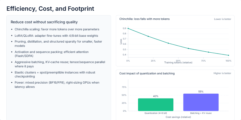A slide titled 'Efficiency, Cost, and Footprint' detailing AI model optimization. The left side lists techniques like Chinchilla scaling and LoRA. The right side features two charts: a line graph showing decreasing training loss with more tokens, and a bar chart quantifying cost savings from quantization and batching.