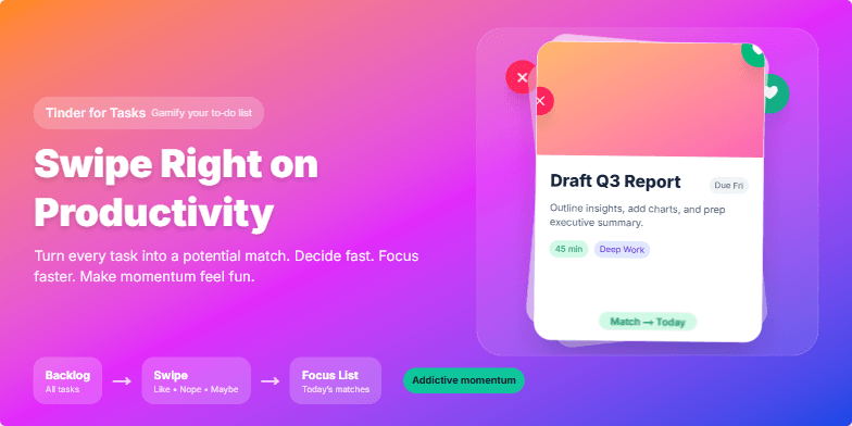 A slide with a gradient background from orange to blue. Animated icons like hearts and Xs float above a card representing a task. The title reads 'Swipe Right on Productivity: Tinder for Tasks'.
