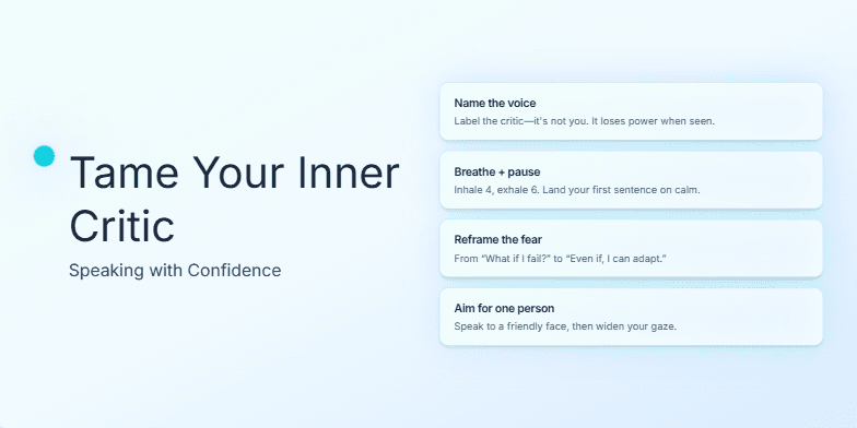 A slide with a calming blue-green gradient background. The title 'Tame Your Inner Critic: Speaking with Confidence' is written in elegant script. A small, animated flame flickers beside the title. Four key points about building speaking confidence are listed on the right side, each with a soft glow effect: 'Name the voice,' 'Breathe + pause,' 'Reframe the fear,' and 'Aim for one person.'
