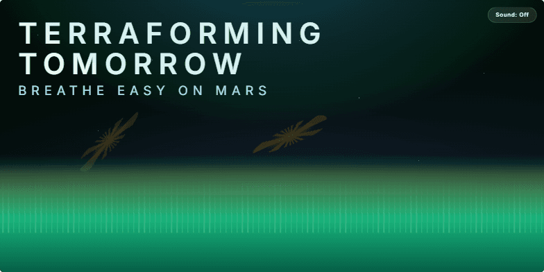 A slide visualizing the terraforming of Mars. It transitions from a barren Martian landscape with swirling dust devils to a vibrant, Earth-like environment with lush vegetation and a breathable atmosphere. The title reads 'Terraforming Tomorrow: Breathe Easy on Mars'.
