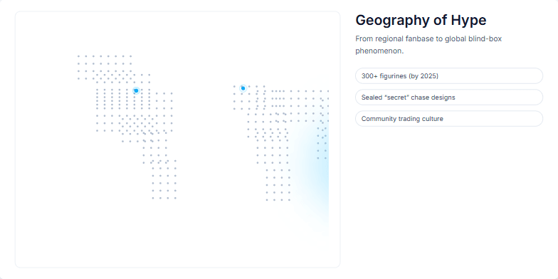A dotted world map illustrating the spread of a product's hype, originating in East and Southeast Asia and expanding to North America and Europe. Pulsing markers highlight these regions, while supporting text explains the factors contributing to this global phenomenon.
