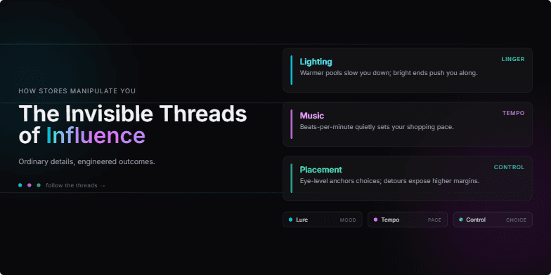 A dark-themed slide with neon accents titled 'The Invisible Threads of Influence: How Stores Manipulate You.' It highlights store tactics like lighting, music, and product placement, revealing their psychological impact on shoppers.