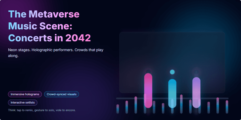 A futuristic concert scene in the metaverse, featuring holographic performers on a neon-lit stage with dynamic equalizer bars and vibrant background lighting.