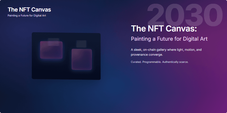 A futuristic 3D model of an art gallery showcasing pulsating NFT artworks against a dynamic blue-to-magenta gradient background. The year 2030 is prominently displayed, emphasizing the forward-thinking nature of the presentation.