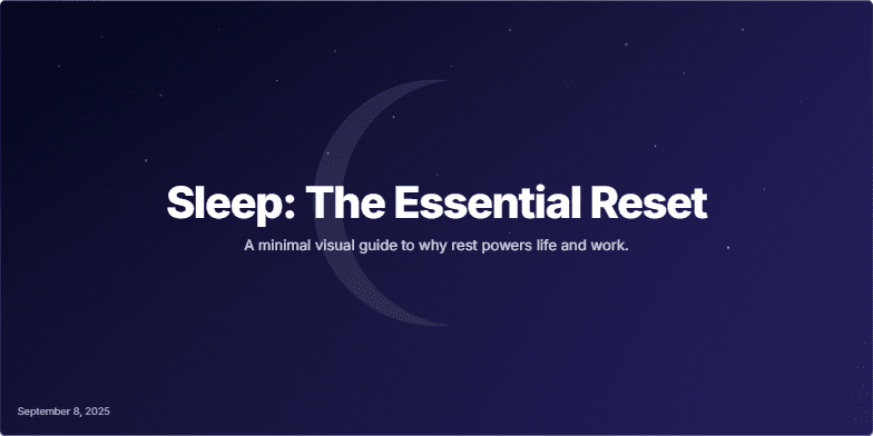 Title slide for a presentation on sleep. Dark background with twinkling stars, a crescent moon, and the title 'Sleep: The Essential Reset'.