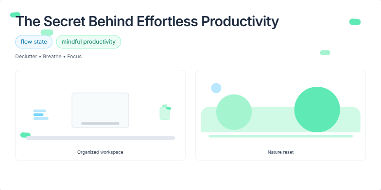 A calming slide with green and blue hues. Animated leaves gently sway. Text highlights 'flow state' and 'mindful productivity.' Images depict an organized workspace and serene nature scene.