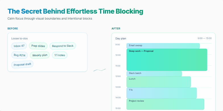 Slide depicting the transformation from scattered tasks to an organized time-blocked schedule using a calming color palette and smooth animations. The slide emphasizes the key principles of effective time blocking for improved focus and productivity.