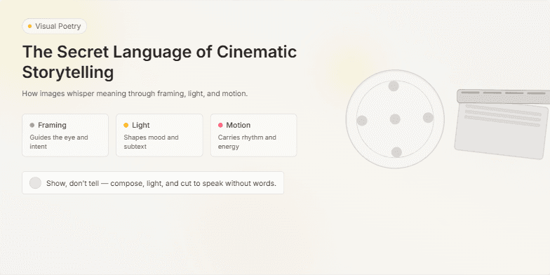 A slide titled 'The Secret Language of Cinematic Storytelling' features a vintage film reel and clapperboard against a muted background with soft focus effects. The text introduces the concept of visual poetry in cinema.
