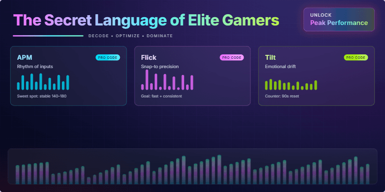 A slide titled 'The Secret Language of Elite Gamers' with a neon, geometric design. It features key gaming terms like APM, Flick, and Tilt, explained with dynamic sparkline graphs and a pulsating bar stream visualization, all set against a dark, electric backdrop.