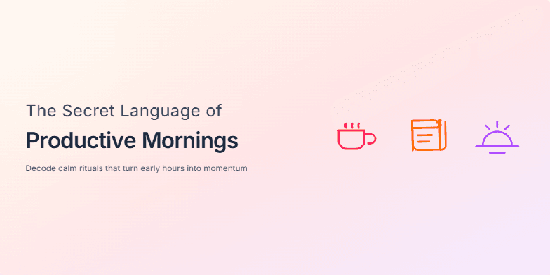 A slide with a calming peach and lavender gradient background. The title 'The Secret Language of Productive Mornings' appears gently, letter by letter. Animated icons of a coffee cup, journal, and sunrise float subtly, creating a peaceful and inspiring atmosphere.