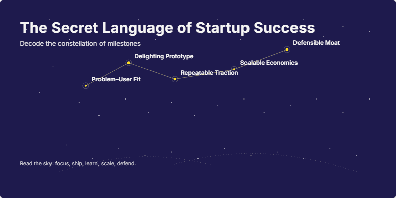A dark indigo slide with golden stars forming a constellation. Each star represents a key milestone in startup success, connected by lines to show the journey. The title 'The Secret Language of Startup Success' is displayed in warm white text.