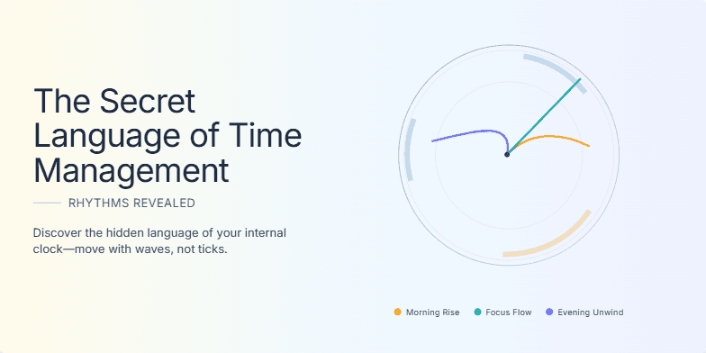 A stylized clock with flowing hands represents the natural rhythms of productivity against a calming sunrise-to-twilight gradient background. Three colored arcs symbolize different energy levels throughout the day: Morning Rise, Focus Flow, and Evening Unwind.