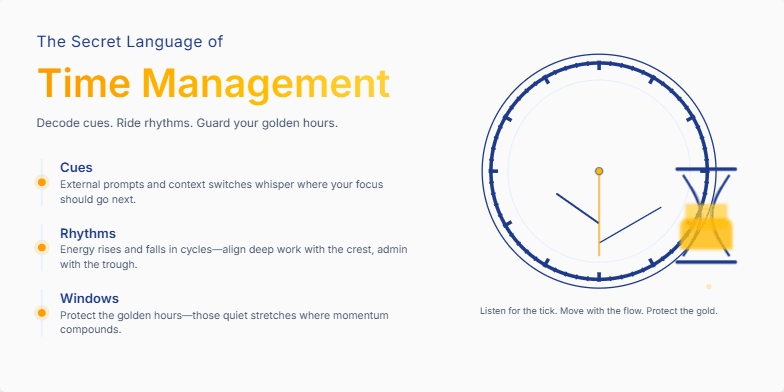 A slide titled 'The Secret Language of Time Management' with an animated antique clock and stylized hourglass. The slide uses deep blues and golds with elegant typography to convey a sense of mystery and vintage charm.