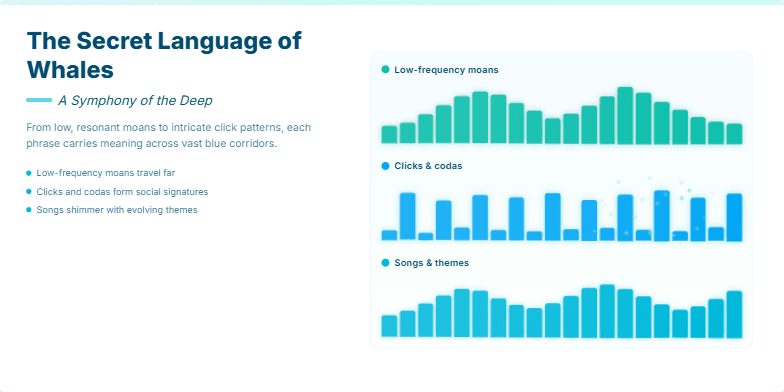 A slide visualizing whale songs with animated waveforms in shades of blue and teal, interspersed with glowing bioluminescent particles. The title reads 'The Secret Language of Whales: A Symphony of the Deep.'