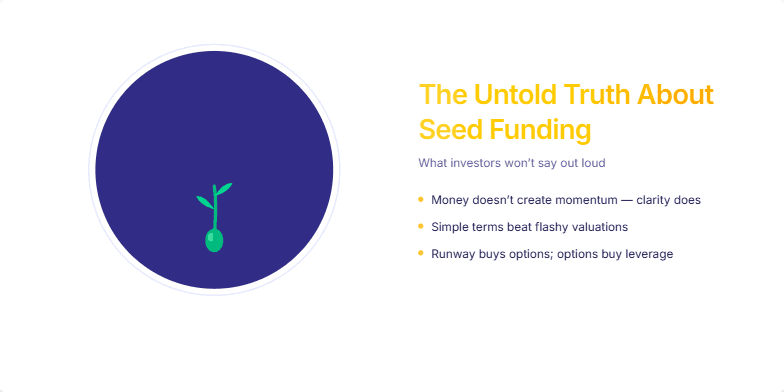 A dark indigo slide titled 'The Untold Truth About Seed Funding' features a shimmering emerald seed growing into a plant, symbolizing the potential of early-stage investment. Three key insights about seed funding are listed beside the animation.