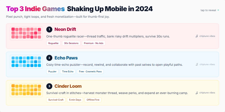 A slide showcasing the top 3 indie mobile games of 2024. Each game is represented by a card featuring pixel art, a short description, and key features. The design uses vibrant colors, minimalist typography, and subtle animations to create a playful and nostalgic feel.