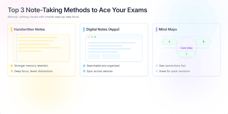 A slide showcasing three note-taking methods: handwritten notes, digital notes using apps, and mind maps. Each method is presented in a clean, minimalist style with pastel colors and subtle animations, highlighting their key benefits.