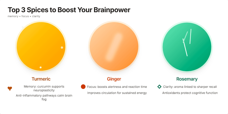 A slide showcasing turmeric, ginger, and rosemary with icons representing memory, focus, and clarity, against a minimalist background. Subtle animations highlight each spice and their benefits for brainpower.
