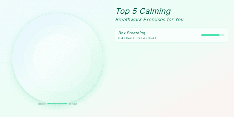 A slide displaying five calming breathwork exercises with a soft pastel background, a pulsating orb, and subtle sparkling details. Each exercise is listed with a description and a visual representation of the breathing pattern. Fragment #1