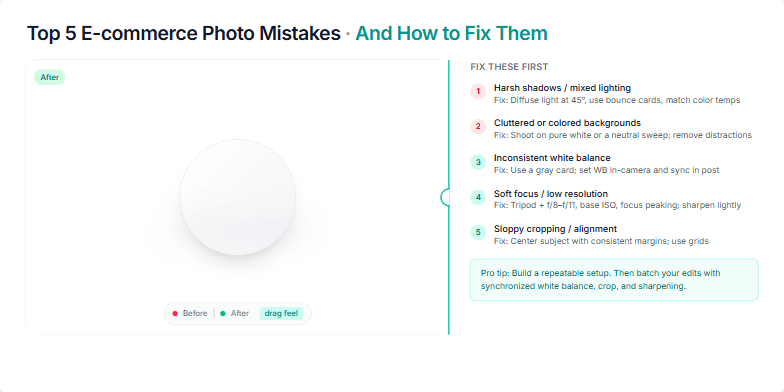 Slide depicting a before-and-after comparison of product photography, highlighting common e-commerce photo mistakes and their solutions.