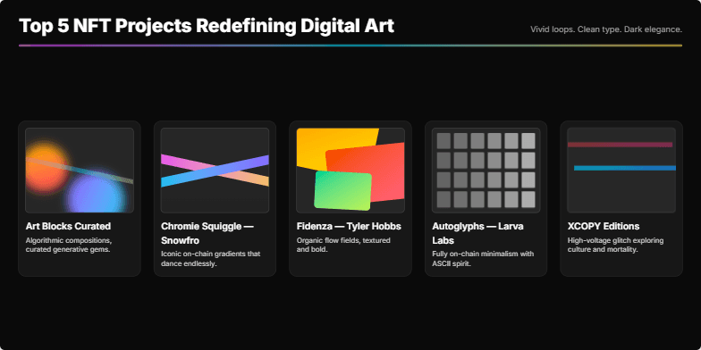Slide showcasing the top 5 NFT projects redefining digital art, each represented by a mesmerizing animated loop on a dark, elegant background. Clean typography highlights project titles and descriptions.