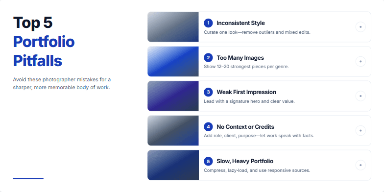 A minimalist slide design showcasing five common photography portfolio pitfalls. Each pitfall is represented by a desaturated image and a short description, creating a gallery-like presentation.