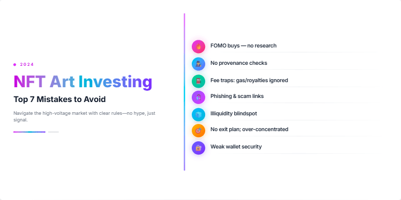 A slide with a cyberpunk aesthetic titled 'NFT Art Investing: Top 7 Mistakes to Avoid in 2024'. Seven common mistakes are listed with stylized icons, vibrant gradients, and a glitching holographic effect. The design uses a futuristic font and color scheme.