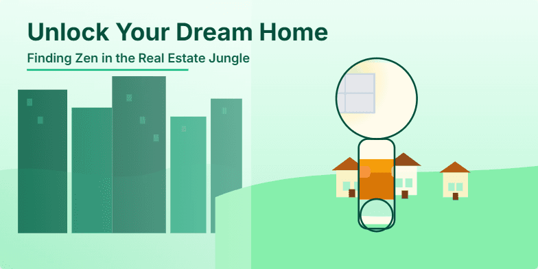 A stylized keyhole reveals a sunlit living room against a tranquil green backdrop, symbolizing unlocking your dream home and finding zen in the real estate jungle. A cityscape transitions to a peaceful suburban neighborhood, emphasizing the escape from chaos to calm.