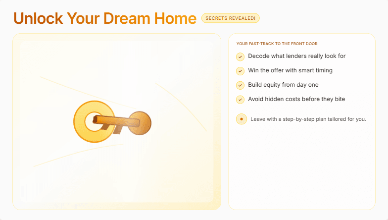 A slide titled 'Unlock Your Dream Home: Secrets Revealed!' with a warm color palette and an animation of a key turning in a lock. Bullet points highlight key takeaways about home buying.