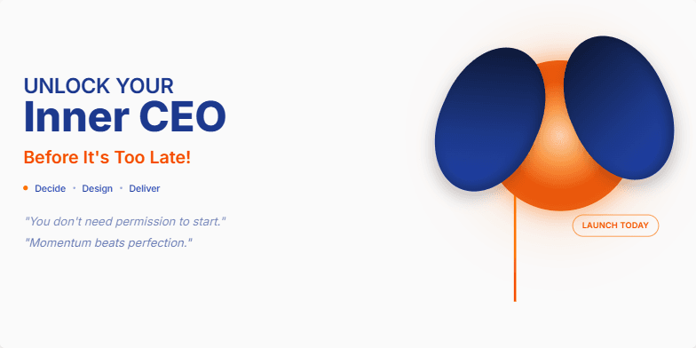 A slide with the title 'Unlock Your Inner CEO: Before It's Too Late!' in bold typography. A glowing orb symbolizing a startup idea is held by two hands. A rocket launch visual adds dynamism. The color scheme is fiery orange and deep blue.